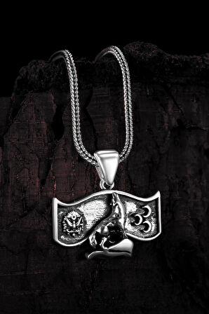 Erkek Gümüş Kolye - Osmanlı Devleti Arması Üç Hilal Bozkurt İşlemeli Zincir Erkek Kolye