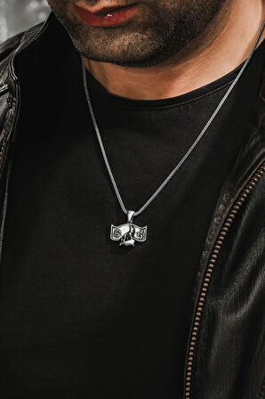 Erkek Gümüş Kolye - Osmanlı Devleti Arması Üç Hilal Bozkurt İşlemeli Zincir Erkek Kolye