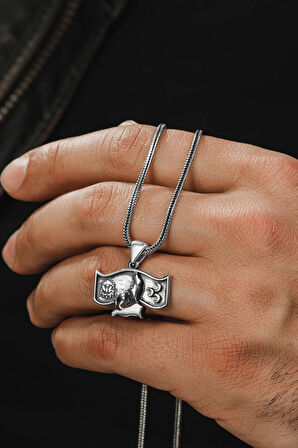 Erkek Gümüş Kolye - Osmanlı Devleti Arması Üç Hilal Bozkurt İşlemeli Zincir Erkek Kolye