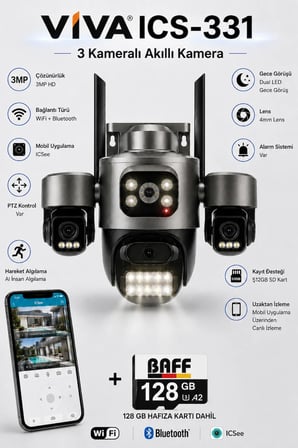 ICS-331 3 Kameralı Akıllı Dış Mekan PTZ WiFi Güvenlik Kamerası (3MP, ICSee, AI İnsan Takip, Çift Yönlü Ses) + 128 GB Hafıza Kartı Dahil