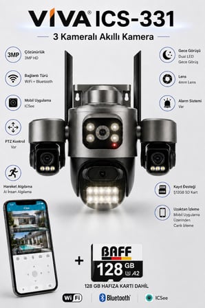 ICS-331 3 Kameralı Akıllı Dış Mekan PTZ WiFi Güvenlik Kamerası (3MP, ICSee, AI İnsan Takip, Çift Yönlü Ses) + 128 GB Hafıza Kartı Dahil