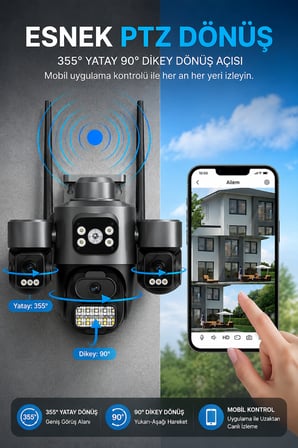 ICS-331 3 Kameralı Akıllı Dış Mekan PTZ WiFi Güvenlik Kamerası (3MP, ICSee, AI İnsan Takip, Çift Yönlü Ses) + 128 GB Hafıza Kartı Dahil