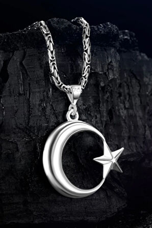 Erkek Gümüş Kolye - Ay Yıldız Motifli Kral Zincirli Erkek Kolye