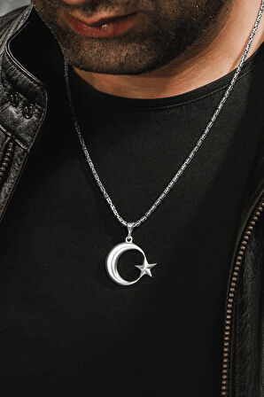 Erkek Gümüş Kolye - Ay Yıldız Motifli Kral Zincirli Erkek Kolye