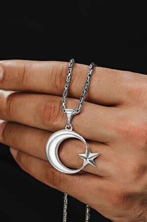 Erkek Gümüş Kolye - Ay Yıldız Motifli Kral Zincirli Erkek Kolye
