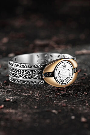 Erkek Gümüş Yüzük - Sarmal Model Zirkon Taşlı Ay Yıldız İşlemeli Erkek Yüzük