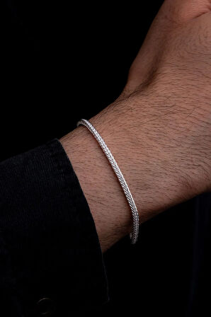 Erkek Gümüş Bileklik - 3mm Gümüş Beyaz Parlak Tilki Kuyruğu Model Erkek Bileklik