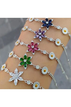 Papatyalı Nergis Çiçeği Zirkon Taşlı Gümüş Bileklik