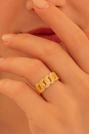 Kadın Gümüş Yüzük - 22 Ayar Gerçek Altın Kaplama Taşlı Gurmet Model Gümüş Yüzük