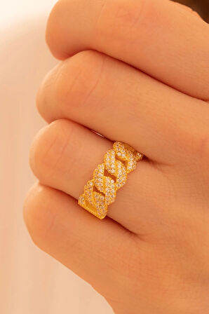 Kadın Gümüş Yüzük - 22 Ayar Gerçek Altın Kaplama Taşlı Gurmet Model Gümüş Yüzük