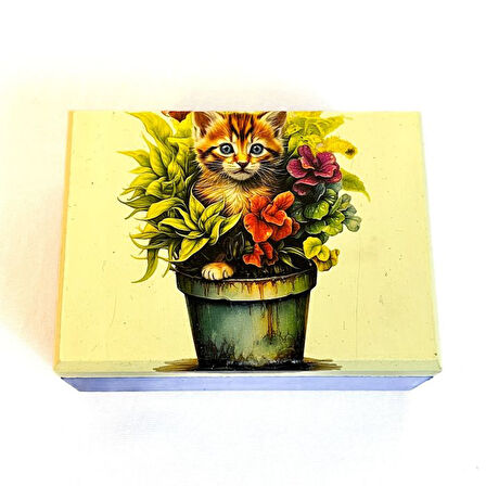 Uretti - Hülya 6683 2378 El Yapımı Nostaljik Retro Kedi Baskılı Kare Ahşap Dekoratif Saklama / Takı Kutusu  - Mavi