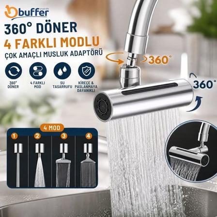 Kararlı Ticaret® 360 Derece Döner 4 Farklı Modlu Çok Amaçlı Musluk Adaptörü Evrensel Musluk Başlığı Şelale Musluk