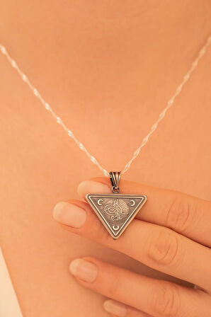 Gümüş Cevşen Muska Kadın Kolye Zincir Üç Hilal Tuğra Motifli