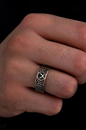 Erkek Gümüş Yüzük - Siyah Çift Zülfikar Kılıcı Zincir Motifli İnce Kibar Erkek Yüzüğü