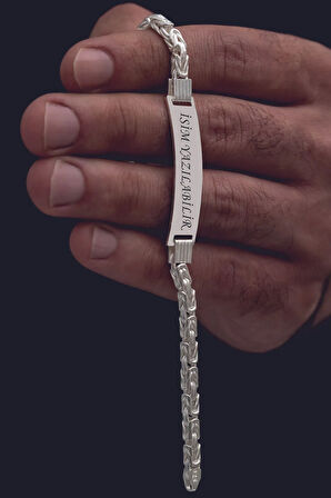 Erkek Gümüş Bileklik - İsim Yazılabilir 4.5 mm Kalın Beyaz Kare Kral Gümüş Bileklik