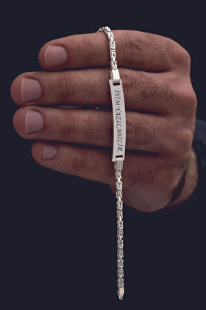 Erkek Gümüş Bileklik - İsim Yazılabilir 3.5 mm İnce Beyaz Kare Kral Gümüş Bileklik