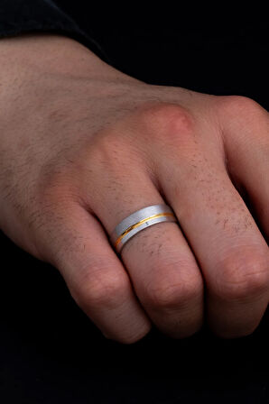 Erkek Gümüş Yüzük - 925 Ayar Sarı Ve Beyaz Model Gümüş Alyans Yüzük