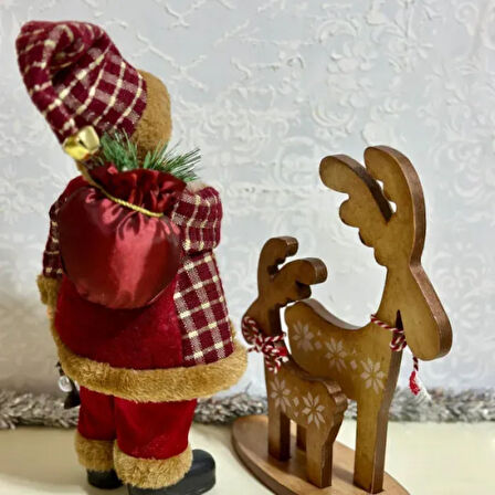 Uretti - Funda 1603 - El Yapımı Noel Baba Biblo ve Ahşap  Geyikli Peçetelik 2'li Dekoratif Set