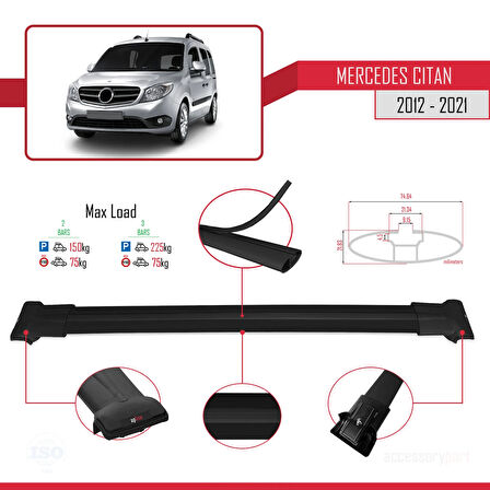 Mercedes Citan (W415) 2012-2021 Arası ile Uyumlu FLY Model Ara Atkı Tavan Barı Siyah 2 Adet