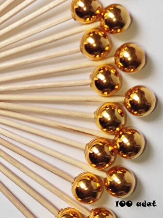 100 Adet Dekoratif Yuvarlak İnci Kürdan 6 cm Gold - İnci 8 mm