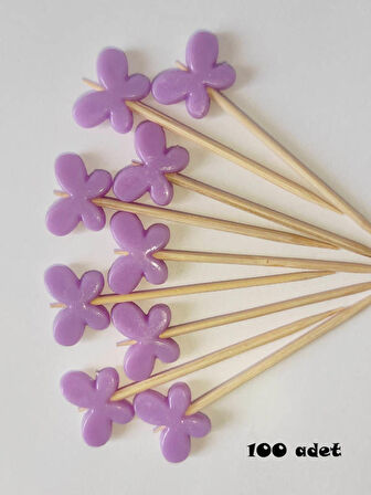100 Adet Dekoratif Kelebek Boncuklu Cupcake Kürdanı 6 cm Mor - Kelebek 15 mm