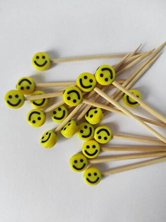 100 Adet Dekoratif Sarı Gülümseyen Surat Pasta Kürdanı 6 cm - Smile 8 mm