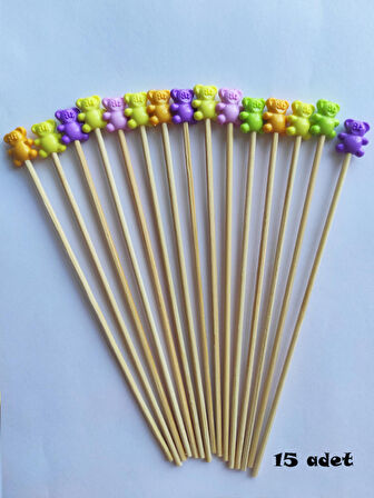 15 cm Uzun Pasta Kürdanı - 15 Adet Ayıcıklı Kokteyl Karıştırıcı Karışık Renk - Ayıcık 1,5 x 1,5 cm