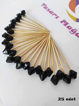 25 Adet Dekoratif Siyah Piramit Boncuklu Kokteyl Kürdanı 6 cm - Boncuk 10 mm
