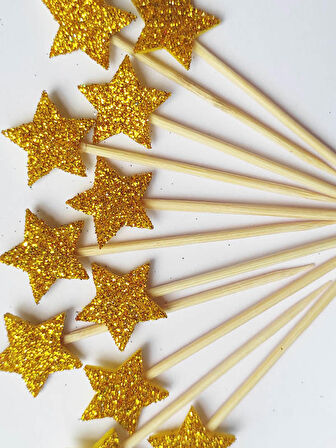 12 Adet Dekoratif Gold Simli Yıldız Kürdan 6 cm - Yıldız 2 cm