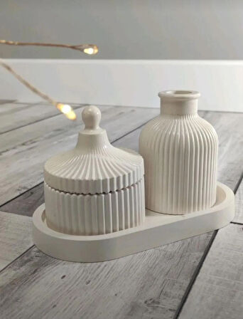 3’lü Dekoratif Set (Tepsi + Kapaklı Mumluk + Vazo)