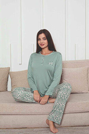 Kadın Etnik Desen 3 Düğmeli Likralı Viskon Mevsimlik Uzun Kol Pijama Takımı