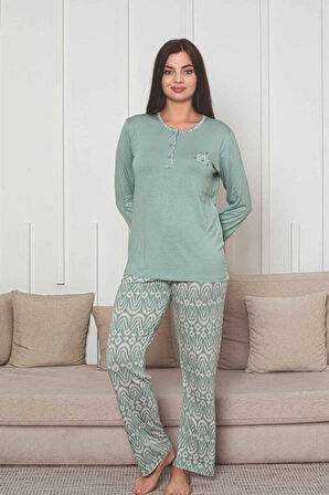 Kadın Etnik Desen 3 Düğmeli Likralı Viskon Mevsimlik Uzun Kol Pijama Takımı