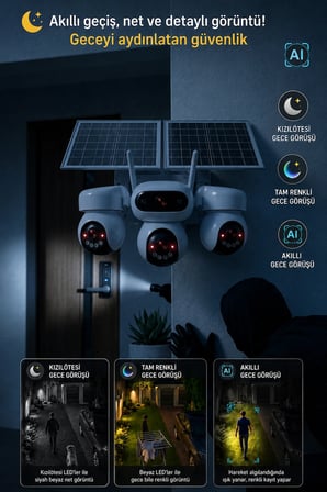 Baff SIM-5874 Çift Solar Panelli 4G SIM Kartlı 3 Lensli PTZ Akıllı Dış Mekan Güvenlik Kamerası HD IP Kamera + 128 GB Hafıza Kartı Dahil
