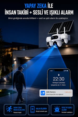 SIM-5874 Çift Solar Panelli 4G SIM Kartlı 3 Lensli PTZ Akıllı Dış Mekan Güvenlik Kamerası HD IP Kamera + 128 GB Hafıza Kartı Dahil