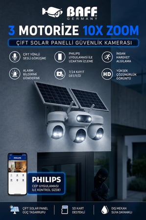 SIM-5874 Çift Solar Panelli 4G SIM Kartlı 3 Lensli PTZ Akıllı Dış Mekan Güvenlik Kamerası HD IP Kamera + 128 GB Hafıza Kartı Dahil