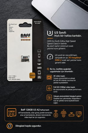 128 GB Micro SD Kart U3 A2 4K Ultra HD Destekli Yüksek Hızlı Hafıza Kartı (Güvenlik Kamerası & Araç Kamerası Uyumlu