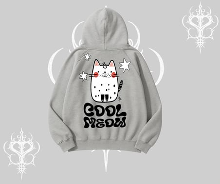 Cool Meow Yazılı Sevimli Kedi Arka Baskılı Kapşonlu Sweatshirt