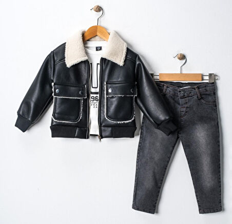 Erkek Çocuk Deri Ceketli Kot Pantolonlu Penyeli Üçlü Takım TKM.YY01