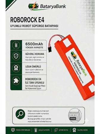 BataryaBank Roborock E4 Uyumlu Robot Süpürge Bataryası 14.4V 6500mAh Li-ion Yüksek Kapasiteli Yedek Pil
