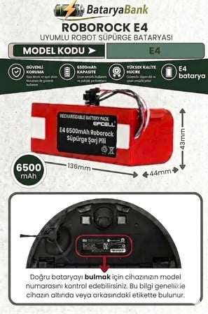 BataryaBank Roborock E4 Uyumlu Robot Süpürge Bataryası 14.4V 6500mAh Li-ion Yüksek Kapasiteli Yedek Pil