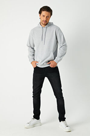Metalic Gri Erkek Kapüşonlu Kanguru Cepli Sweatshirt 