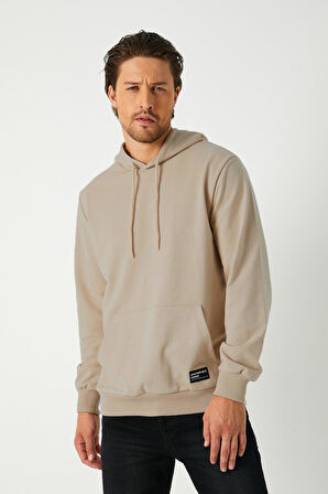 Metalic Bej Erkek Kapüşonlu Kanguru Cepli Sweatshirt 