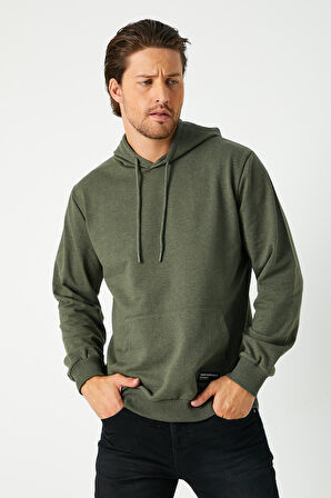 Haki Erkek Kapüşonlu Kanguru Cepli Sweatshirt 
