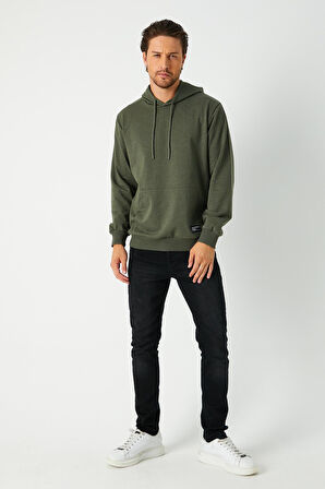 Haki Erkek Kapüşonlu Kanguru Cepli Sweatshirt 