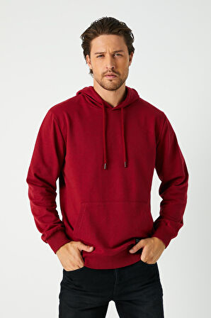 Bordo Erkek Kapüşonlu Kanguru Cepli Sweatshirt 
