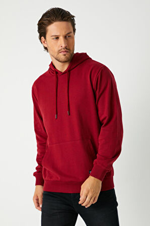 Bordo Erkek Kapüşonlu Kanguru Cepli Sweatshirt 