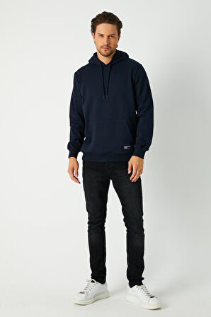 Lacivert Erkek Kapüşonlu Kanguru Cepli Sweatshirt 