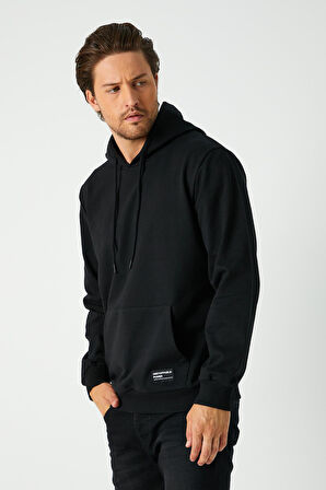  Siyah Erkek Kapüşonlu Kanguru Cepli Sweatshirt 