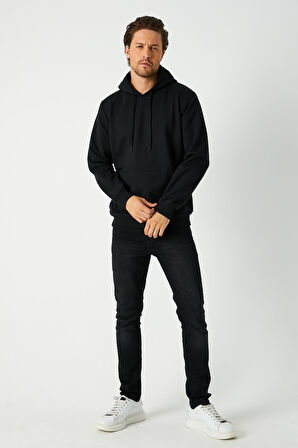  Siyah Erkek Kapüşonlu Kanguru Cepli Sweatshirt 