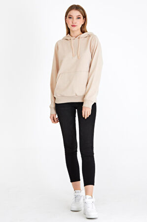 Metalic Kadın Bej Kapüşonlu Basic Örme Sweatshirt 